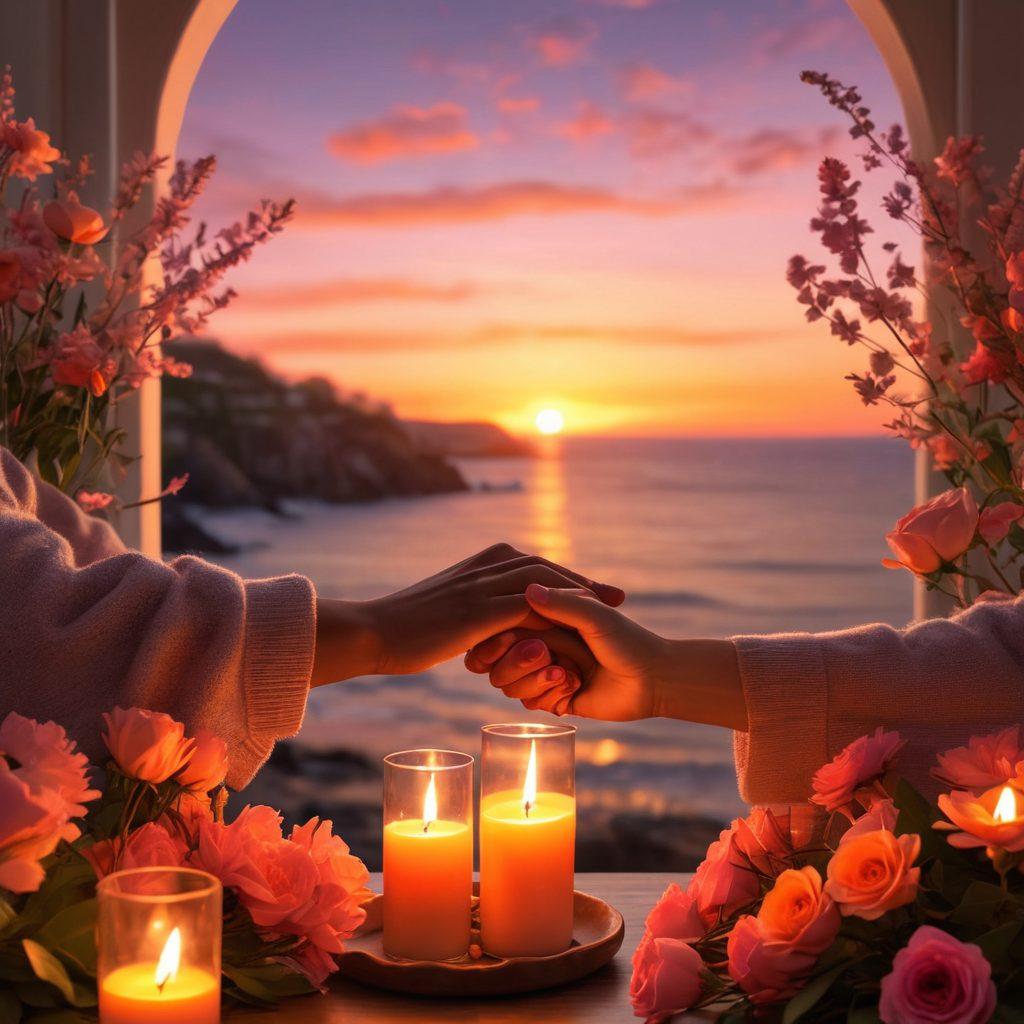 A warm, cozy scene featuring a couple holding hands, surrounded by soft, glowing candlelight, symbolizing deep emotional connection. In the background, a beautiful sunset casts shades of pink and orange, enhancing the intimacy of the moment. Delicate flowers lie scattered around, representing growth and tenderness in relationships. super-realistic. vibrant colors. warm tones.