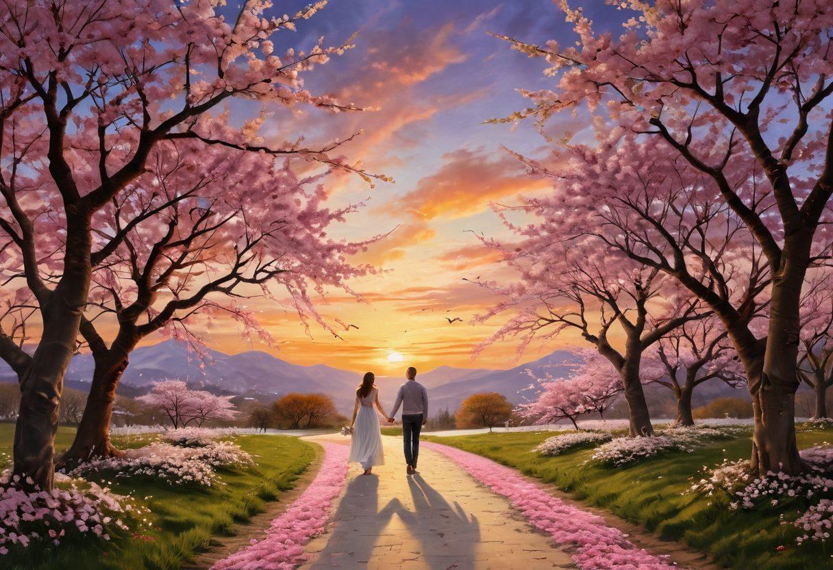 A romantic couple standing on a winding path lined with cherry blossom trees, gently holding hands and gazing into each other's eyes, with a dreamy sunset in the background casting golden hues across the sky. The scene captures the essence of love's journey, featuring soft petals drifting in the air and symbols of devotion like intertwined hearts subtly included. super-realistic. vibrant colors. romantic atmosphere.